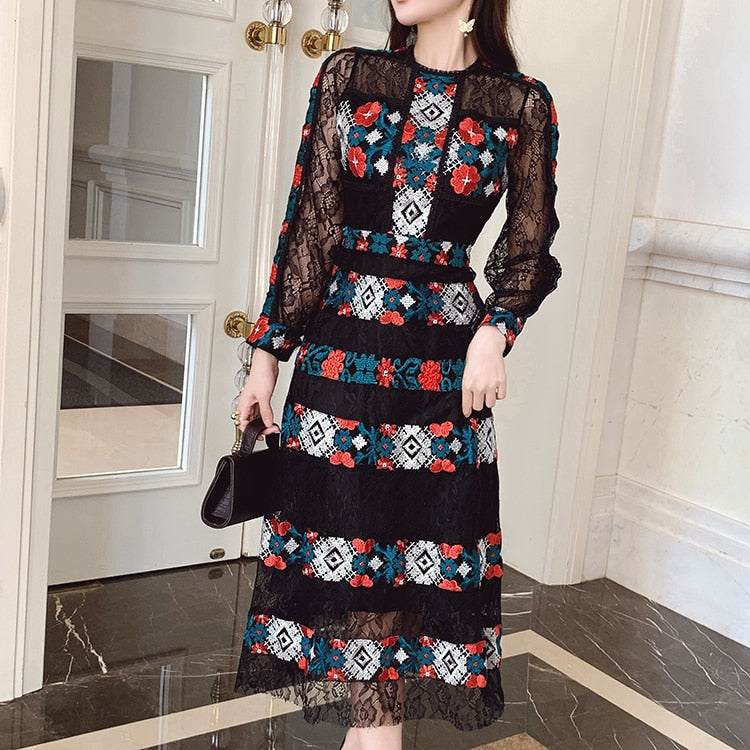 High Quality Long Sleeve Embroidery Elegant Lace Dresses Black / L High Quality Long Sleeve Embroidery Elegant Lace Dresses Black / L