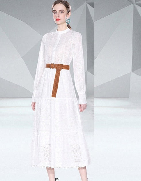 High Quality Vintage Embroidery Hollow Out Belted Elegant Midi Long Dresses White / XL