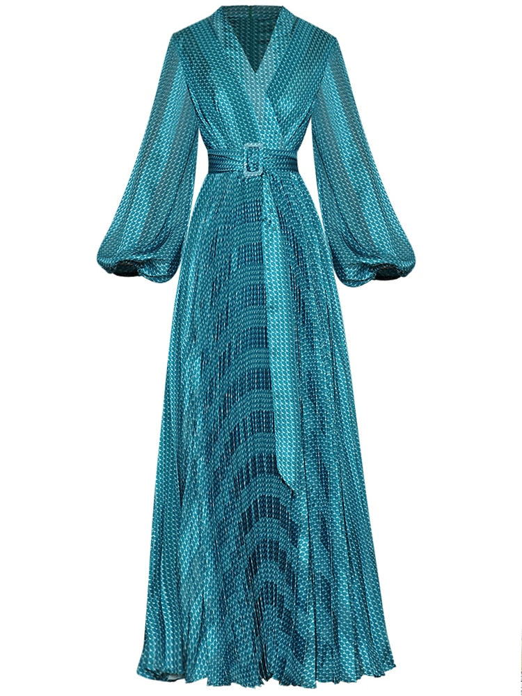 High Quality V Neck Long Sleeves Vintage Elegant Dresses Lake Blue / XL