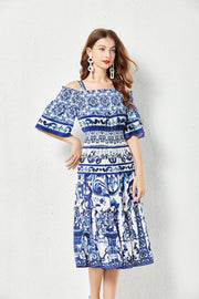 High quality midi flare sleeve cold shoulder blue and white porcelain print dress