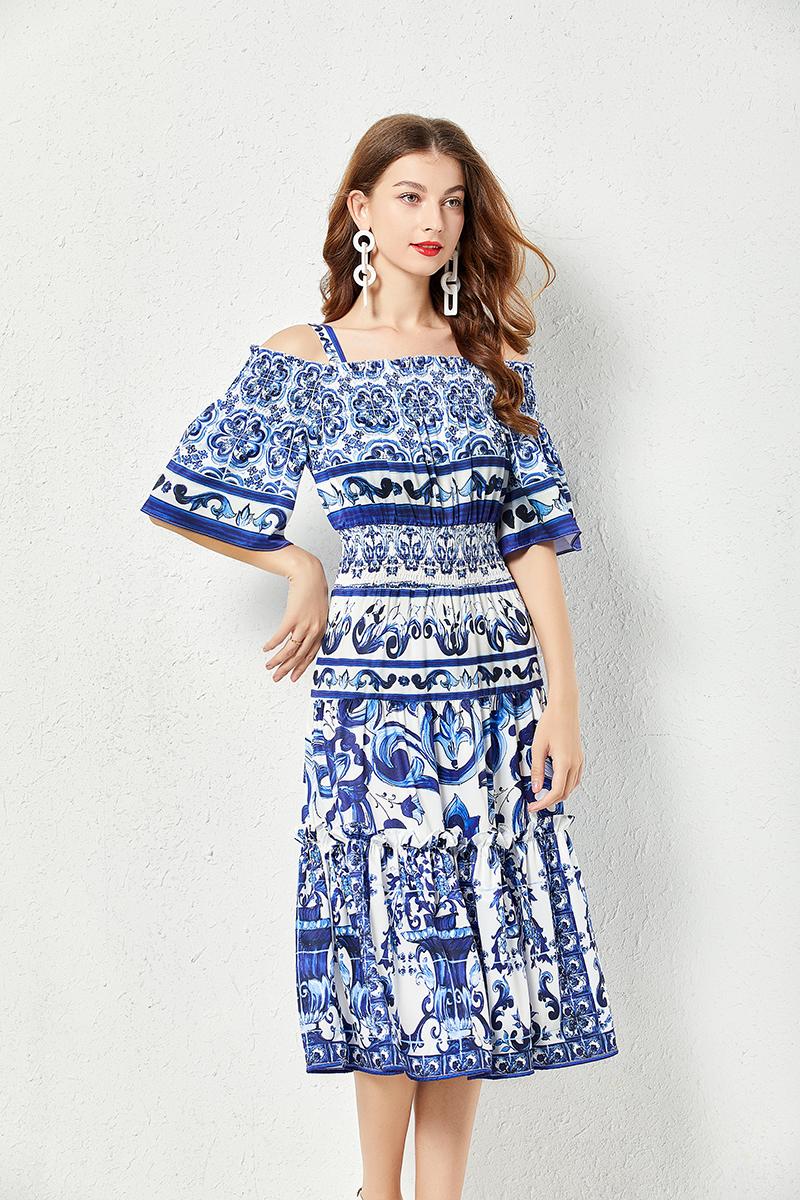 High quality midi flare sleeve cold shoulder blue and white porcelain print dress