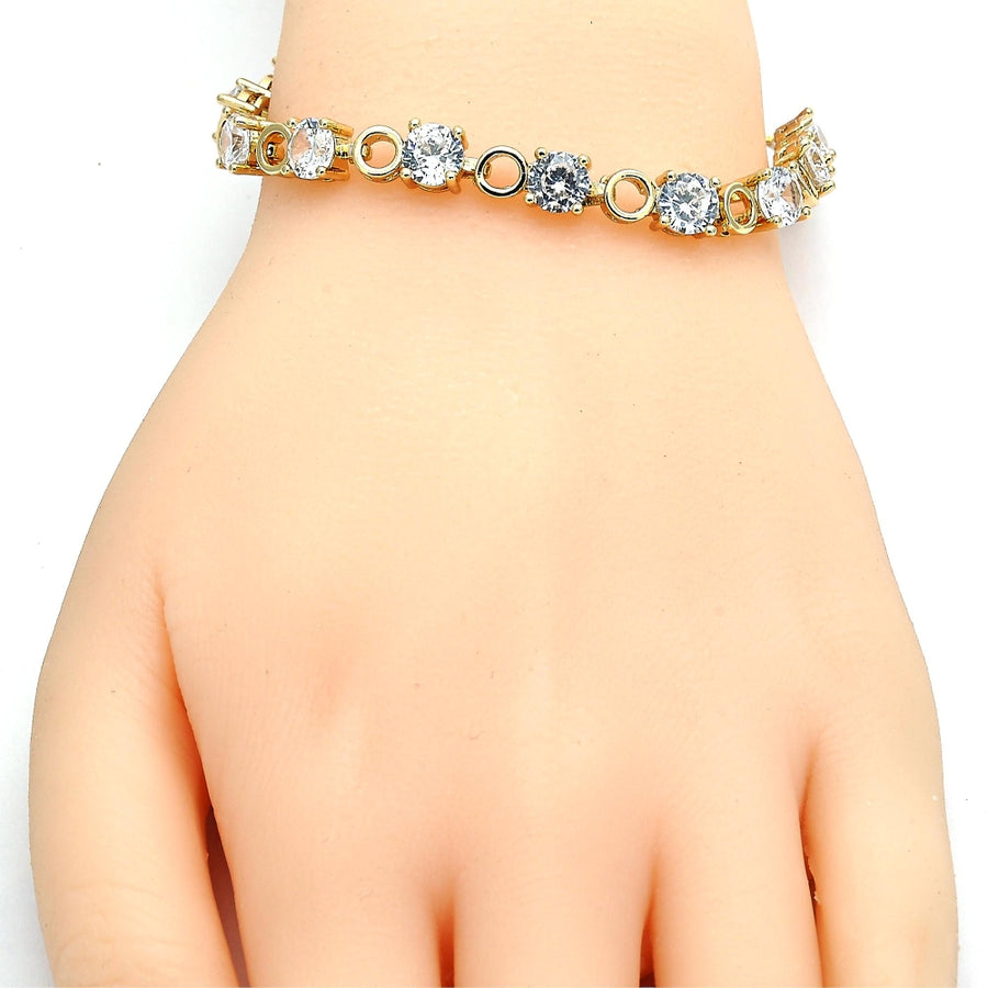 Oro Laminado Tennis Bracelet, Gold Filled Style Box Lock Design, with White Cubic Zirconia, Polished, Golden Finish