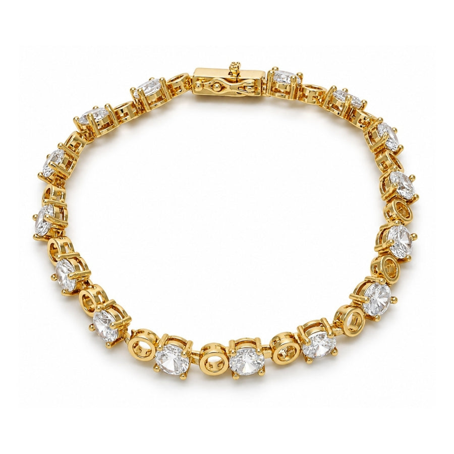 Oro Laminado Tennis Bracelet, Gold Filled Style Box Lock Design, with White Cubic Zirconia, Polished, Golden Finish