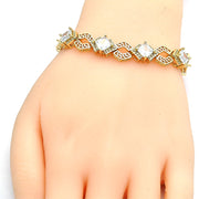 Oro Laminado Tennis Bracelet, Gold Filled Style Greek Key and Box Lock Design, with White Cubic Zirconia, Polished, Golden Finish
