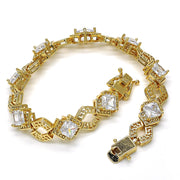 Oro Laminado Tennis Bracelet, Gold Filled Style Greek Key and Box Lock Design, with White Cubic Zirconia, Polished, Golden Finish