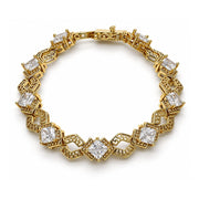 Oro Laminado Tennis Bracelet, Gold Filled Style Greek Key and Box Lock Design, with White Cubic Zirconia, Polished, Golden Finish