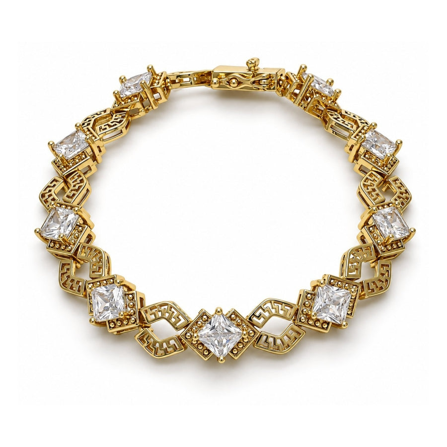 Oro Laminado Tennis Bracelet, Gold Filled Style Greek Key and Box Lock Design, with White Cubic Zirconia, Polished, Golden Finish