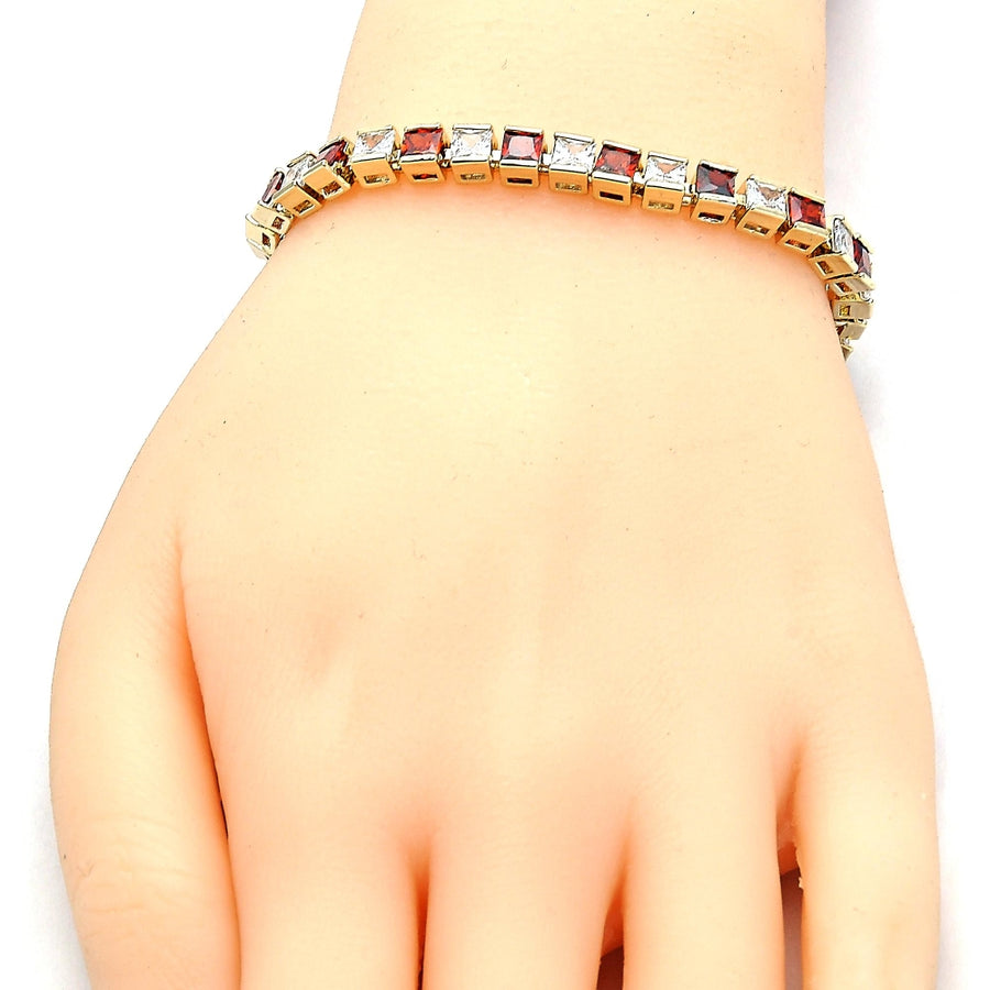 Oro Laminado Tennis Bracelet, Gold Filled Style with Garnet and White Cubic Zirconia, Polished, Golden Finish