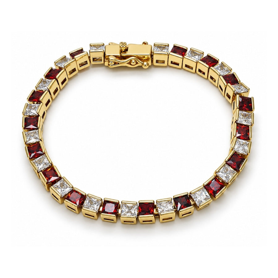 Oro Laminado Tennis Bracelet, Gold Filled Style with Garnet and White Cubic Zirconia, Polished, Golden Finish