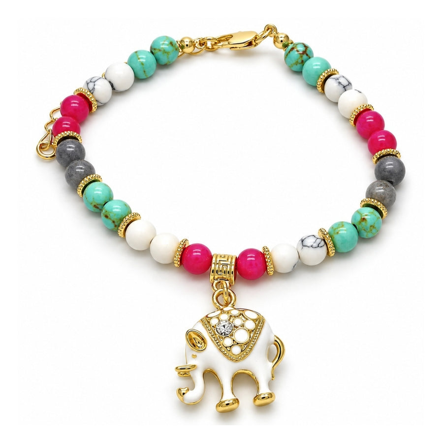 Oro Laminado Charm Bracelet, Gold Filled Style with White Crystal, White Enamel Finish, Golden Finish