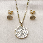 Oro Laminado Earring and Pendant Adult Set, Gold Filled Style with White Micro Pave, Polished, Golden Finish