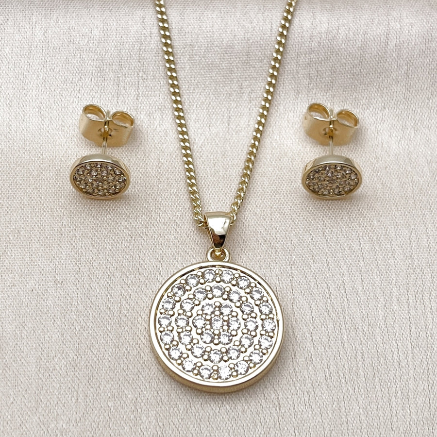 Oro Laminado Earring and Pendant Adult Set, Gold Filled Style with White Micro Pave, Polished, Golden Finish