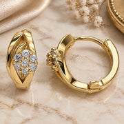 Oro Laminado Huggie Hoop, Gold Filled Style Flower Design, with White Cubic Zirconia, Polished, Golden Finish