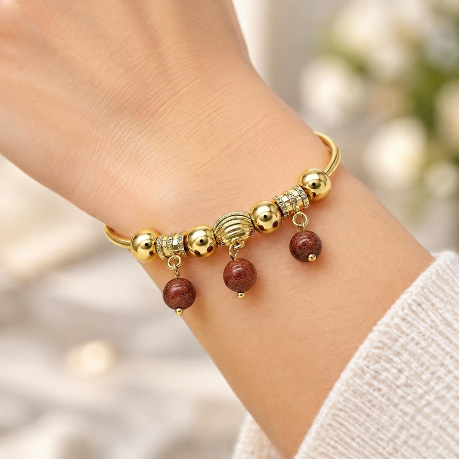 Oro Laminado Individual Bangle, Gold Filled Style with Brown Goldstone Venturina, Polished, Golden Finish