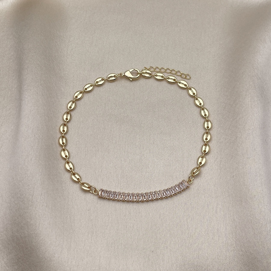 Oro Laminado Fancy Anklet, Gold Filled Style Puff Mariner and Baguette Design, with White Cubic Zirconia, Polished, Golden Finish