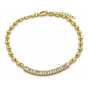 Oro Laminado Fancy Anklet, Gold Filled Style Puff Mariner and Baguette Design, with White Cubic Zirconia, Polished, Golden Finish
