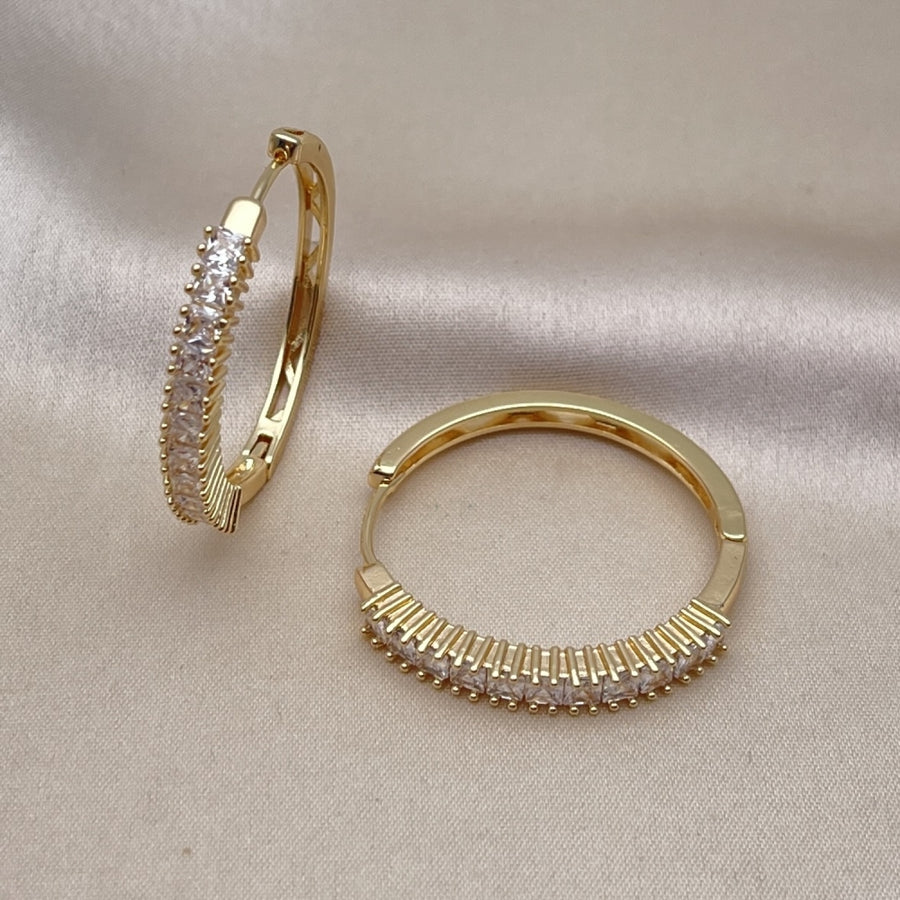 Oro Laminado Huggie Hoop, Gold Filled Style Baguette Design, with White Cubic Zirconia, Polished, Golden Finish