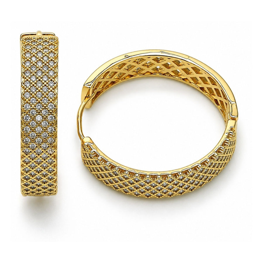Oro Laminado Huggie Hoop, Gold Filled Style Filigree Design, with White Micro Pave, Polished, Golden Finish