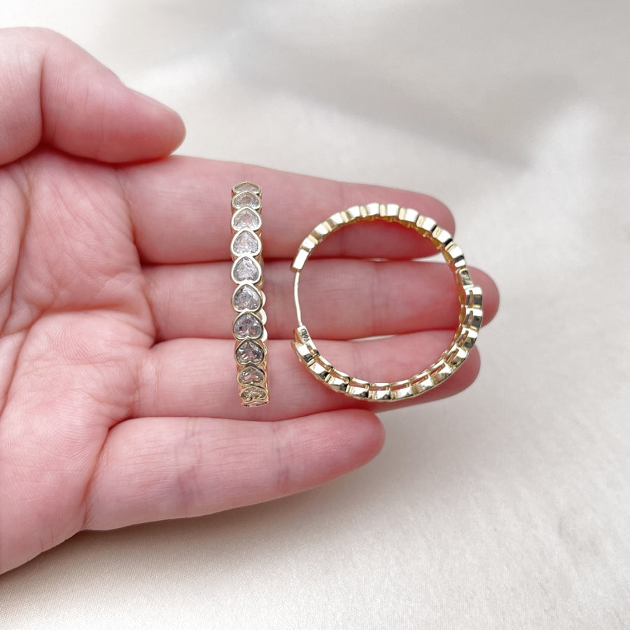Oro Laminado Huggie Hoop, Gold Filled Style Heart Design, with White Cubic Zirconia, Polished, Golden Finish