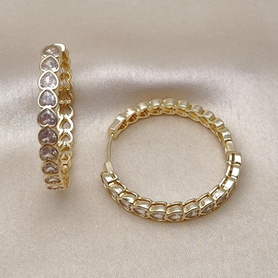 Oro Laminado Huggie Hoop, Gold Filled Style Heart Design, with White Cubic Zirconia, Polished, Golden Finish