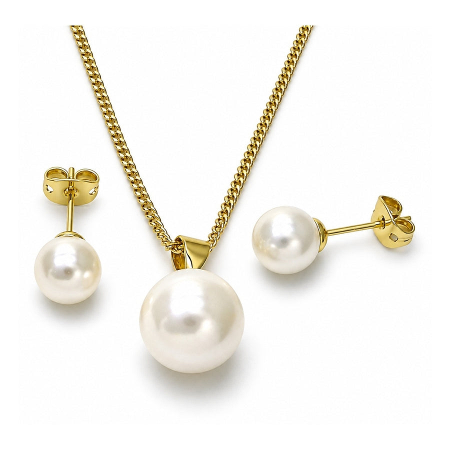 Oro Laminado Earring and Pendant Adult Set, Gold Filled Style Ball Design, with Ivory Pearl, Polished, Golden Finish