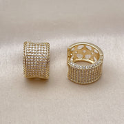 Oro Laminado Huggie Hoop, Gold Filled Style Four-leaf Clover Design, with White Cubic Zirconia, Polished, Golden Finish