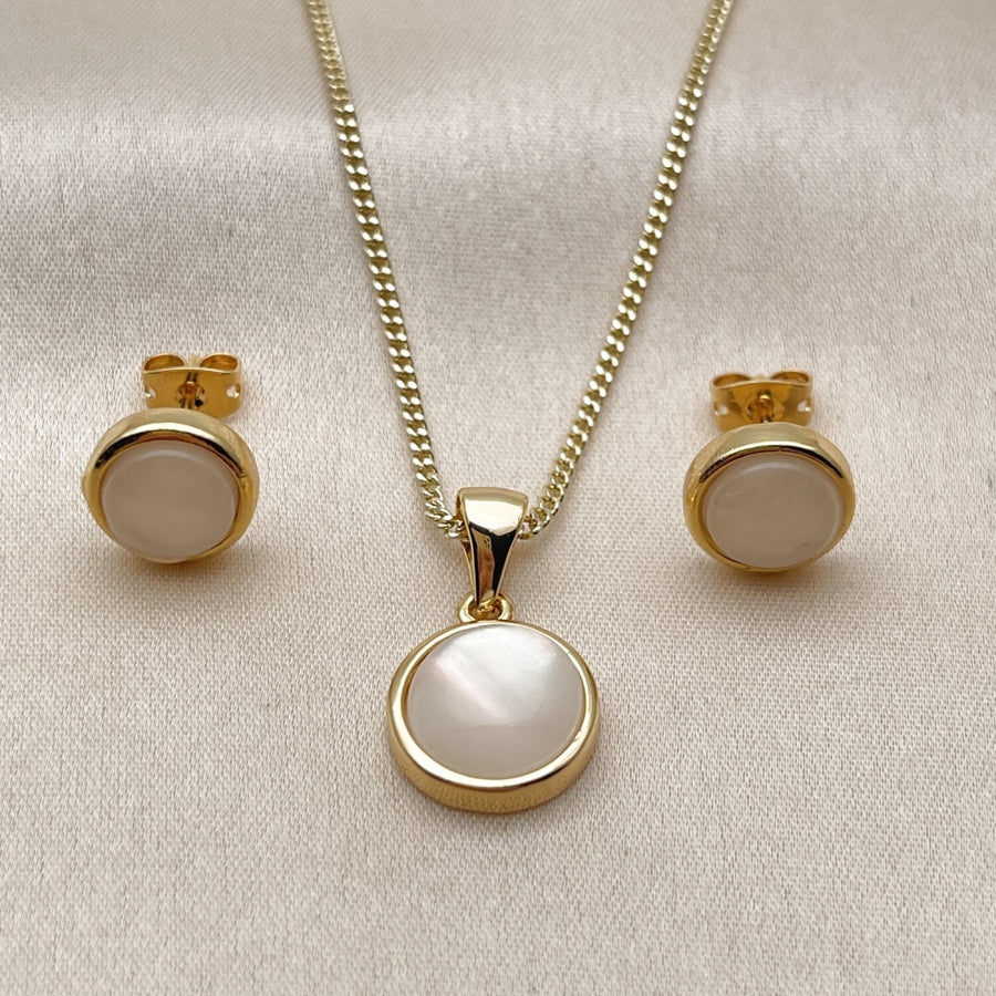 Oro Laminado Earring and Pendant Adult Set, Gold Filled Style with Ivory Opal, Polished, Golden Finish
