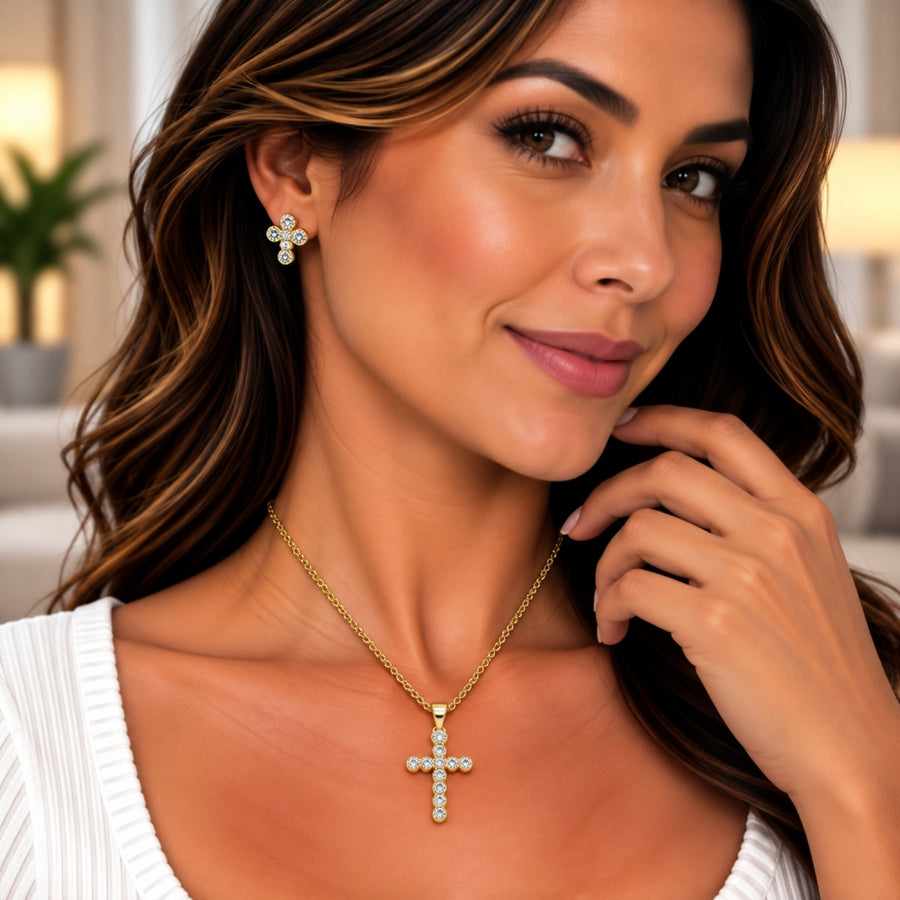 Oro Laminado Earring and Pendant Adult Set, Gold Filled Style Cross and Rolo Design, with White Cubic Zirconia, Polished, Golden Finish