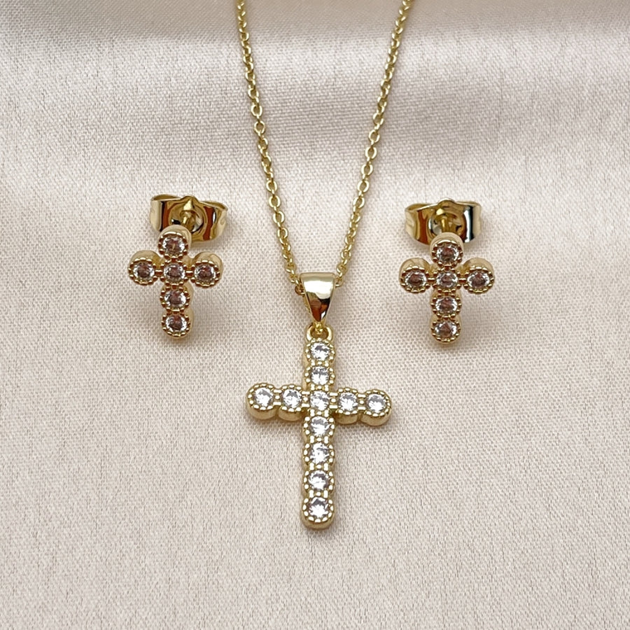 Oro Laminado Earring and Pendant Adult Set, Gold Filled Style Cross and Rolo Design, with White Cubic Zirconia, Polished, Golden Finish