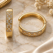 Oro Laminado Huggie Hoop, Gold Filled Style with White Cubic Zirconia and White Micro Pave, Polished, Golden Finish