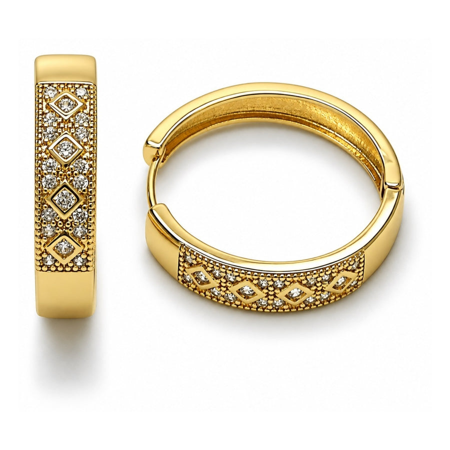 Oro Laminado Huggie Hoop, Gold Filled Style with White Cubic Zirconia and White Micro Pave, Polished, Golden Finish