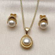 Oro Laminado Earring and Pendant Adult Set, Gold Filled Style Teardrop Design, with Ivory Pearl, Polished, Golden Finish
