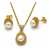Oro Laminado Earring and Pendant Adult Set, Gold Filled Style Teardrop Design, with Ivory Pearl, Polished, Golden Finish