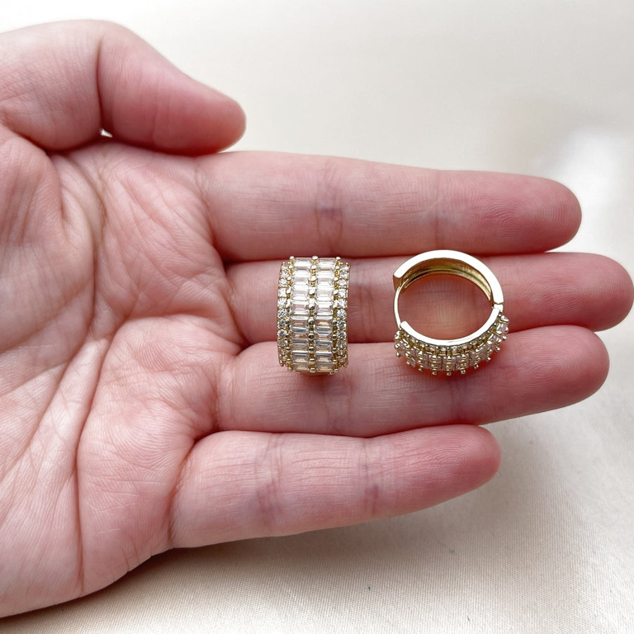 Oro Laminado Huggie Hoop, Gold Filled Style Baguette Design, with White Cubic Zirconia, Polished, Golden Finish