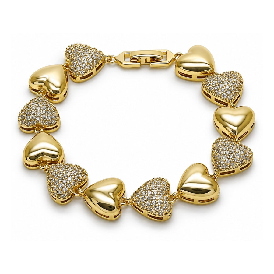 Oro Laminado Tennis Bracelet, Gold Filled Style Heart Design, with White Cubic Zirconia, Polished, Golden Finish