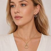 Oro Laminado Earring and Pendant Adult Set, Gold Filled Style with White Cubic Zirconia, Polished, Golden Finish
