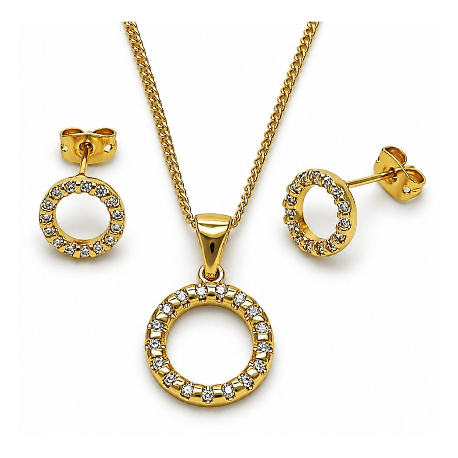 Oro Laminado Earring and Pendant Adult Set, Gold Filled Style with White Cubic Zirconia, Polished, Golden Finish