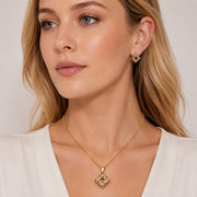 Oro Laminado Earring and Pendant Adult Set, Gold Filled Style Baguette Design, with White Cubic Zirconia, Polished, Golden Finish