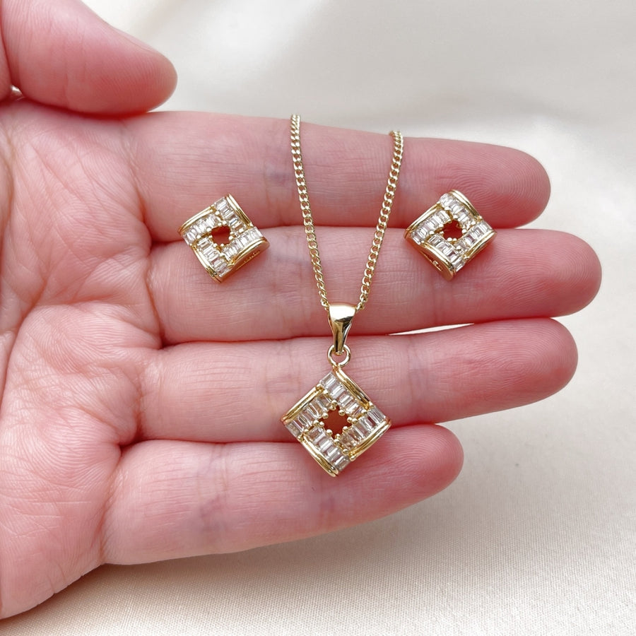 Oro Laminado Earring and Pendant Adult Set, Gold Filled Style Baguette Design, with White Cubic Zirconia, Polished, Golden Finish