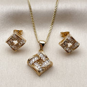 Oro Laminado Earring and Pendant Adult Set, Gold Filled Style Baguette Design, with White Cubic Zirconia, Polished, Golden Finish