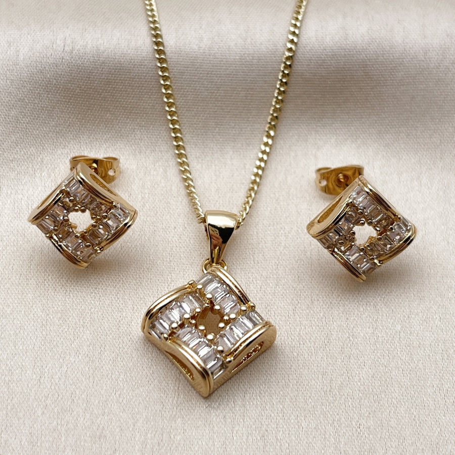 Oro Laminado Earring and Pendant Adult Set, Gold Filled Style Baguette Design, with White Cubic Zirconia, Polished, Golden Finish