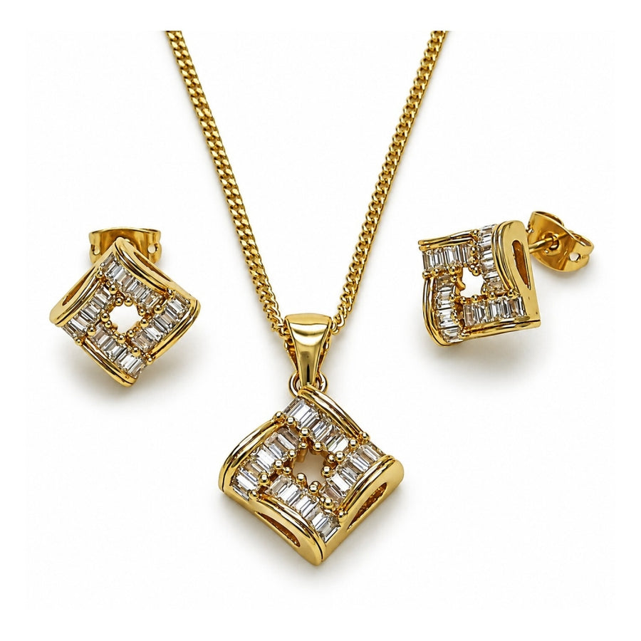 Oro Laminado Earring and Pendant Adult Set, Gold Filled Style Baguette Design, with White Cubic Zirconia, Polished, Golden Finish