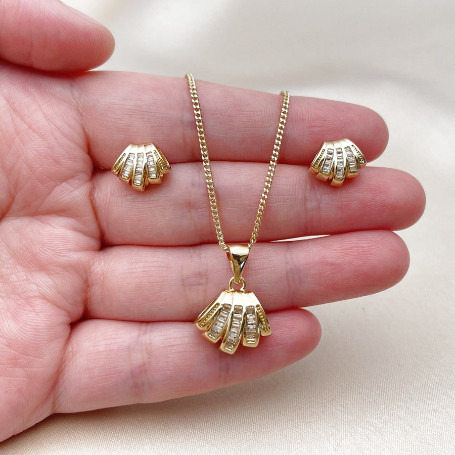 Oro Laminado Earring and Pendant Adult Set, Gold Filled Style Baguette Design, with White Cubic Zirconia, Polished, Golden Finish