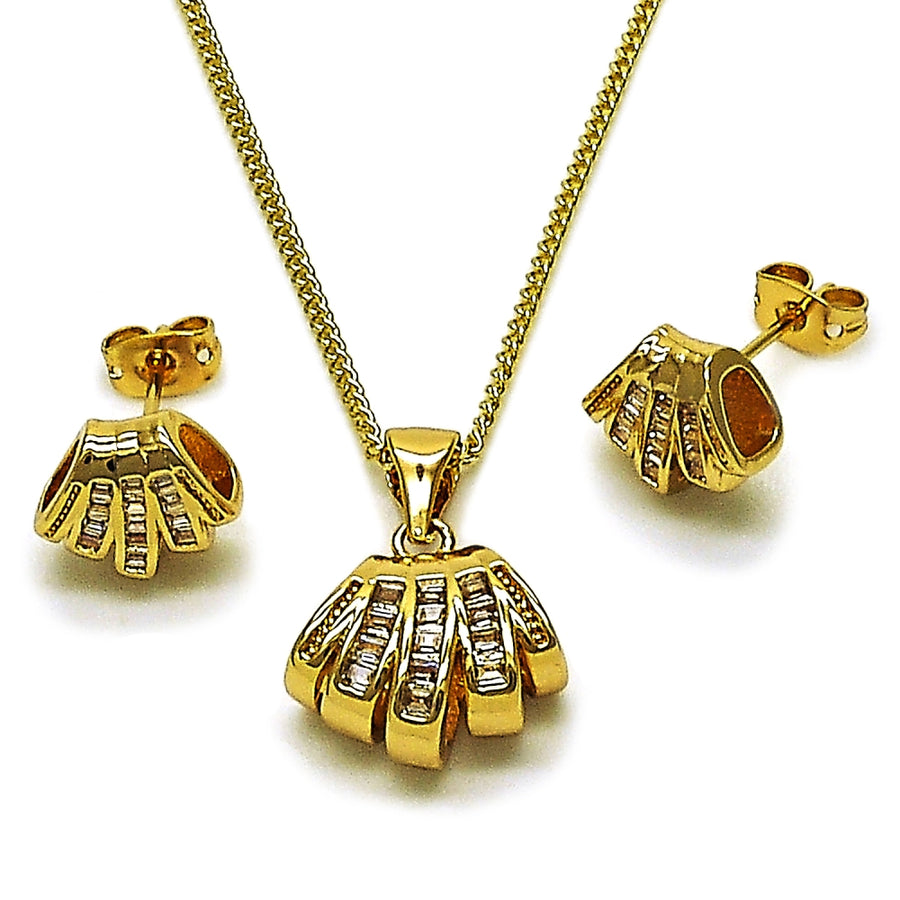 Oro Laminado Earring and Pendant Adult Set, Gold Filled Style Baguette Design, with White Cubic Zirconia, Polished, Golden Finish