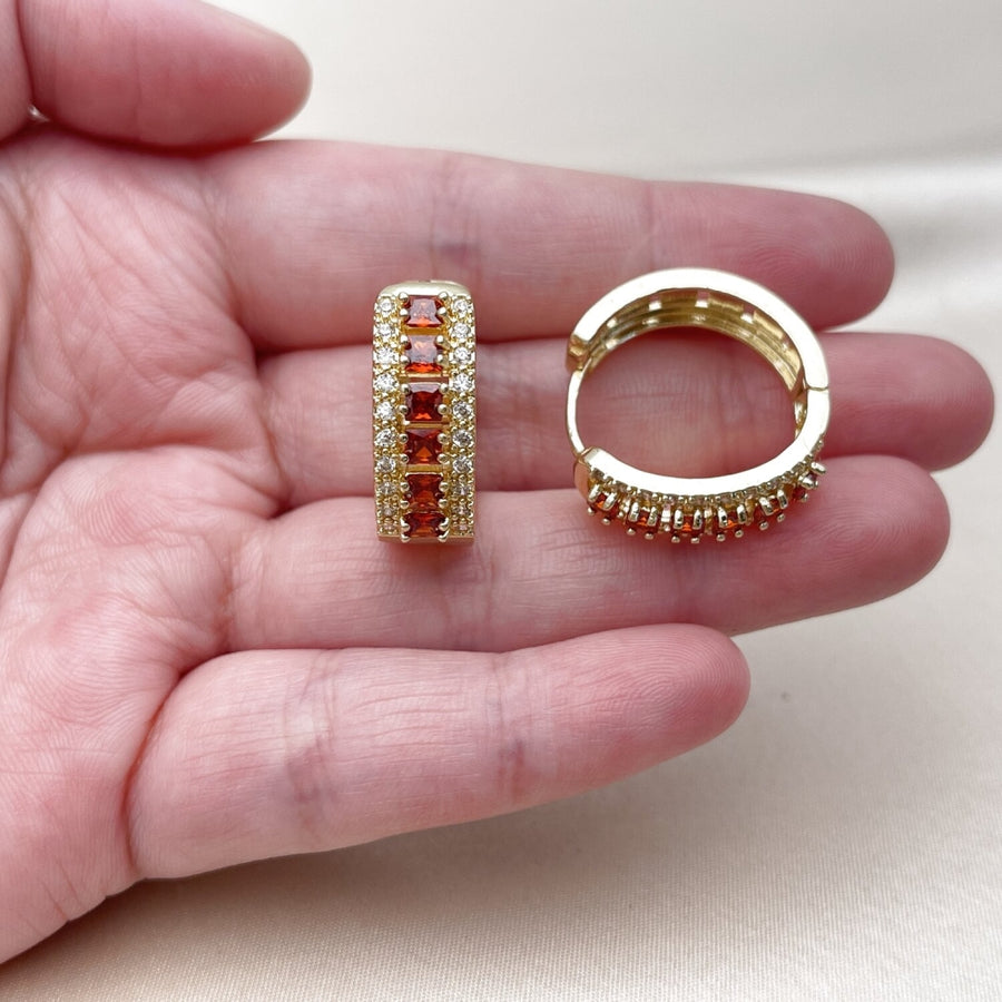 Oro Laminado Huggie Hoop, Gold Filled Style Cluster Design, with Garnet and White Cubic Zirconia, Polished, Golden Finish