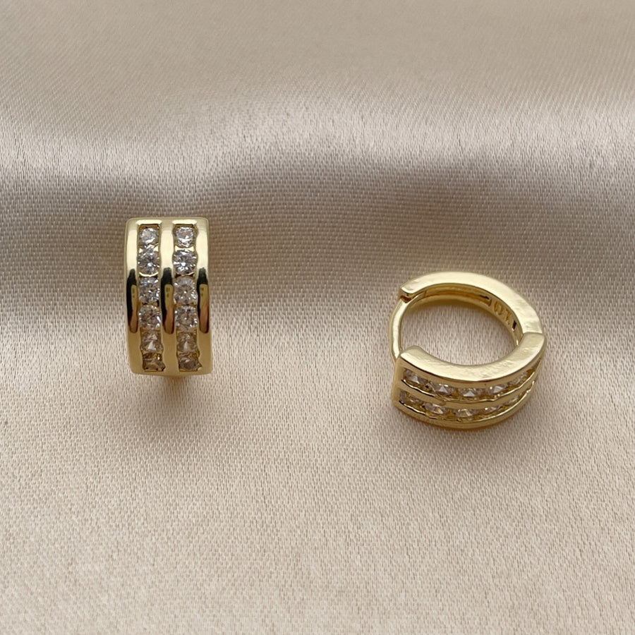 Oro Laminado Huggie Hoop, Gold Filled Style with White Cubic Zirconia, Polished, Golden Finish