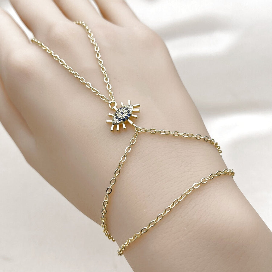 Oro Laminado Fancy Bracelet, Gold Filled Style Evil Eye and Rolo Design, with Sapphire Blue and White Micro Pave, Polished, Golden Finish