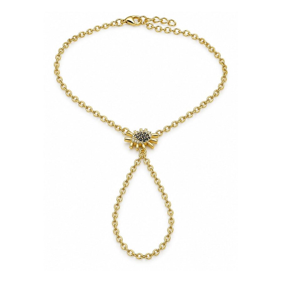 Oro Laminado Fancy Bracelet, Gold Filled Style Evil Eye and Rolo Design, with Sapphire Blue and White Micro Pave, Polished, Golden Finish