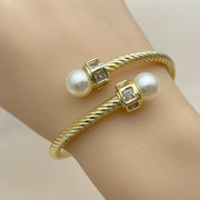 Oro Laminado Individual Bangle, Gold Filled Style Twist and Ball Design, with Ivory Pearl and White Cubic Zirconia, Polished, Golden Finish