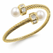 Oro Laminado Individual Bangle, Gold Filled Style Twist and Ball Design, with Ivory Pearl and White Cubic Zirconia, Polished, Golden Finish